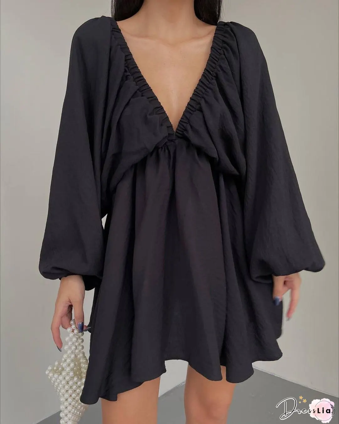 Casual Solid Split Joint V Neck Cake Skirt Dresses(4 Colors)