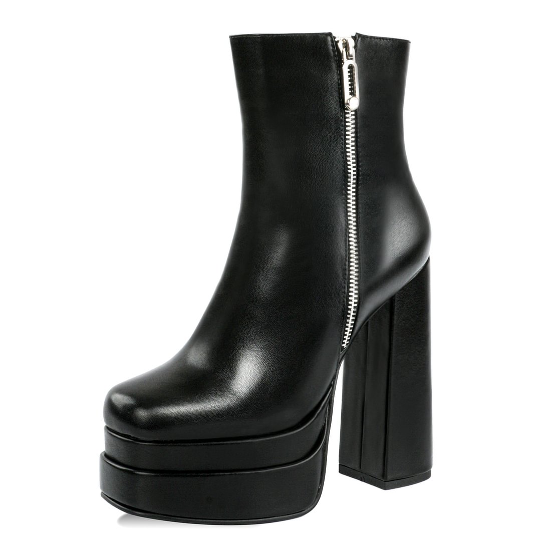 Black Square Toe Zip High Heel Platform Chelsea Boots