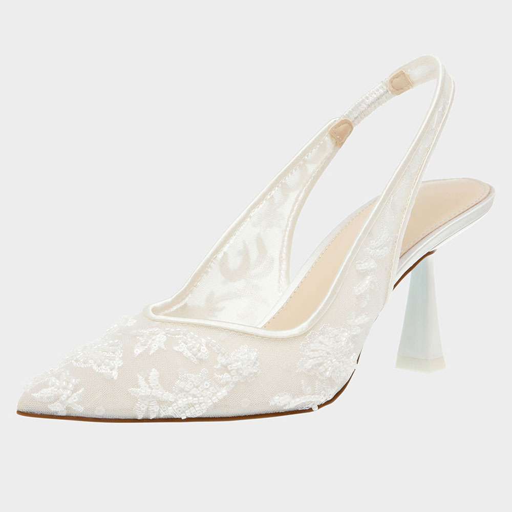 White Mesh Embroidered Pointed Toe Flared Heel Wedding Shoes with Bead Nicepairs