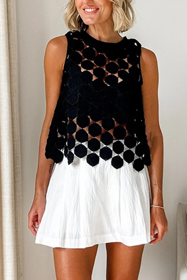 Casie See Through Circle Embroidery Round Neck Sleeveless Tank