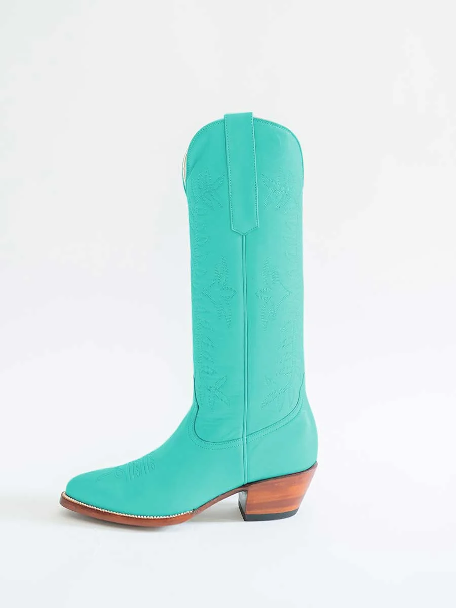 Vintage Turquoise Pointed Toe Chunky Heel Knee Cowboy Boots for Women