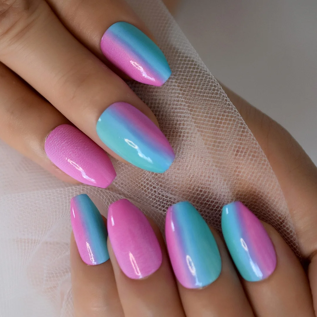 Tricolor Ice Cream Color Texture Rainbow Series Fadeing Medium Short Coffin Supplies For Professionals Wholesale Gels Nail Tips-Nail Inspo