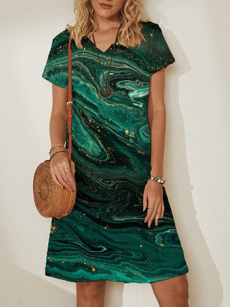 Women Short Sleeve V-Neck Abstract Painting Printed Midi Dress