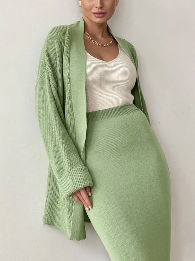Greeness Tied Cardigan Two Piece Skirt Set QueenFunky
