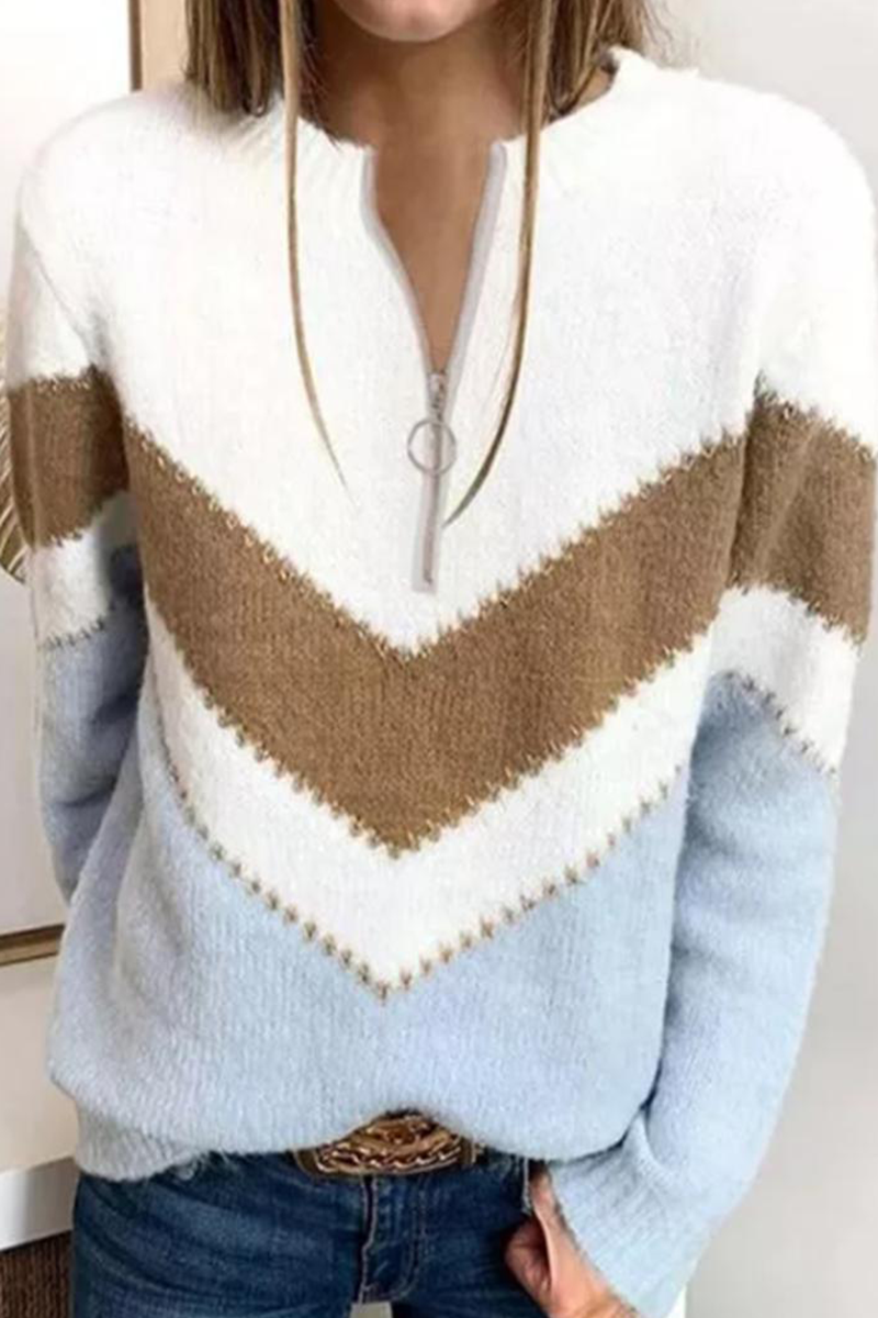 Casual Patchwork Contrast Zipper Zipper Collar Tops Sweater