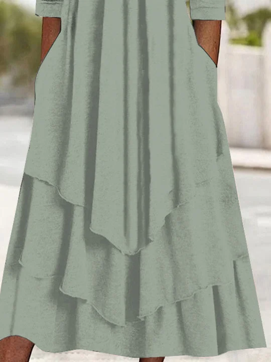 Women Half Sleeve V-neck Solid Color Dress