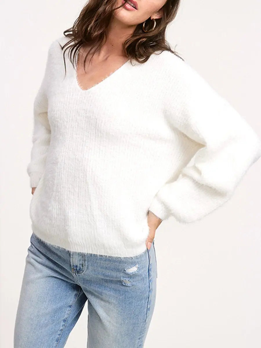 V Neck Plush Loose Solid Color Sweater