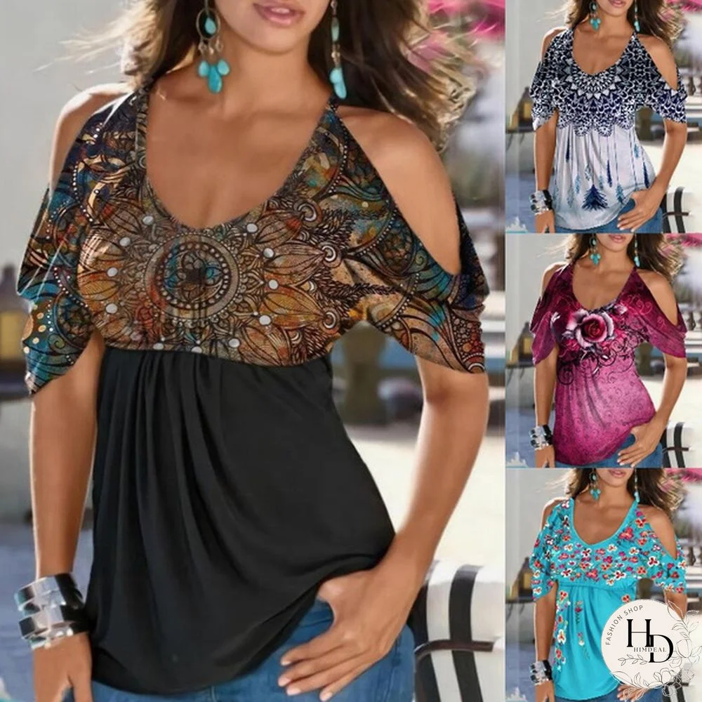 Summer Women Fashion Rose Printed T Shirt V Neck Slim Tunic Top Lady Casual Short Sleeves Off Shoulder Tees Graphic Pullover Top