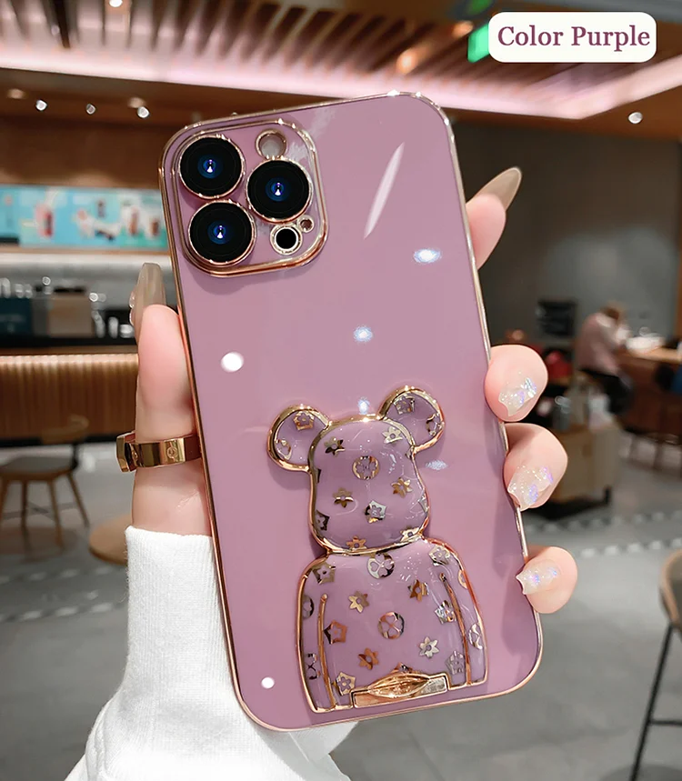 New Cartoon Cute Stand Holder Case For IPhone 15 14 Pro Max 11 12 13 14 15 Pro Max Funda Camera Plating Silicon Kickstand Cover