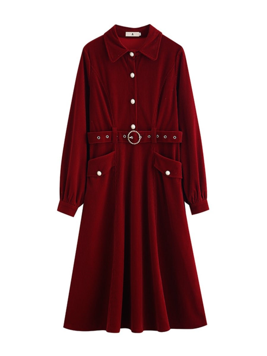 Women's Velvet Dresses Long Sleeve Corduroy Lapel Vintage A Line Dresses