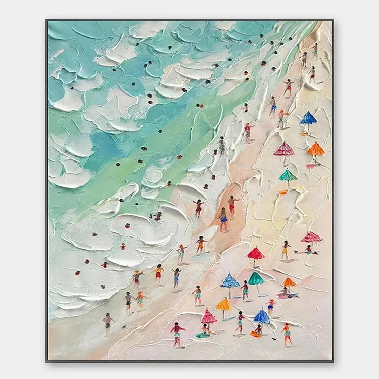 BEACH DAY: Textured Beach Scene Painting with Colorful Umbrellas（Canvas painting）