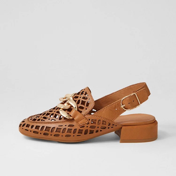 Tan Square Toe Cutout Slingback Heeled Loafers with Metal Chain |FSJ Shoes