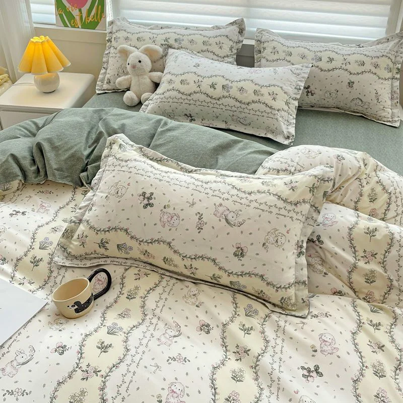 Aonga Korean Style Duvet Cover Set with Zipper Flat Sheet Pillowcases No Filler Girl Bed Linen Single Full Queen Size Bedding Set aonga