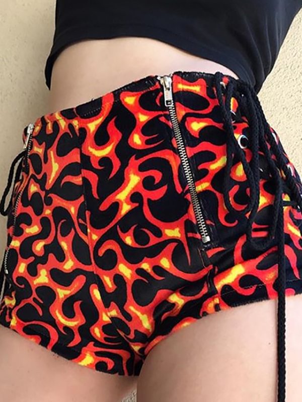 Y2K Statement Color Block Fire Printed Elastic Waist Lace Up Zipper High Rise Shorts 