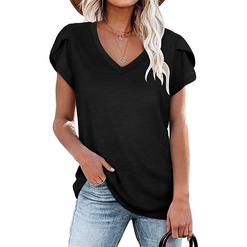 Women's Solid T Shirt Summer Casual V Neck Short Sleeve Tees Shirt Fashion Loose Comfort Female Tops Blouse Plus Size Clothing