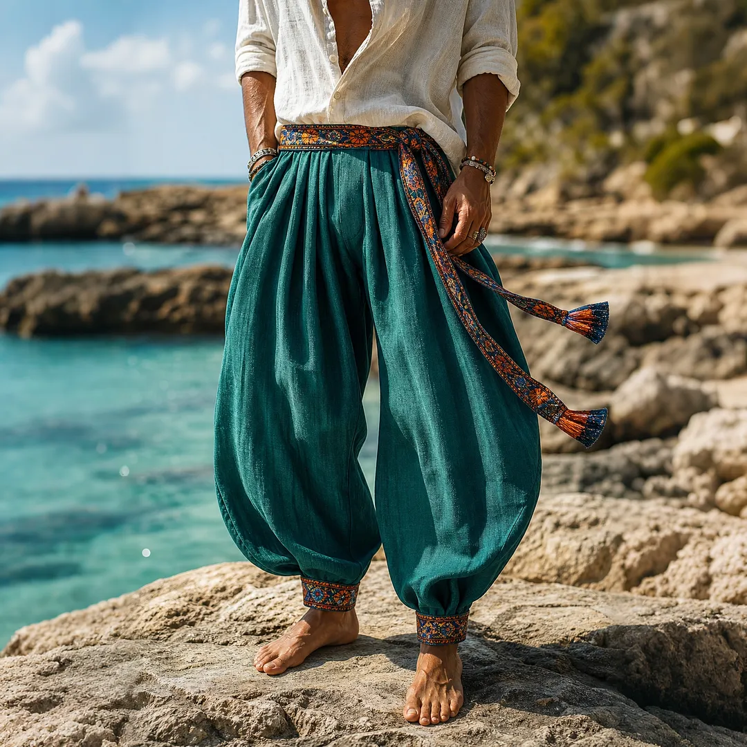 Bohemian Style Cotton-Linen Harem Pants With Embroidered Waist  And Cuffed Ankles &ndash; Lightweight, Flowy & Beach-Ready-INSPIREUSE