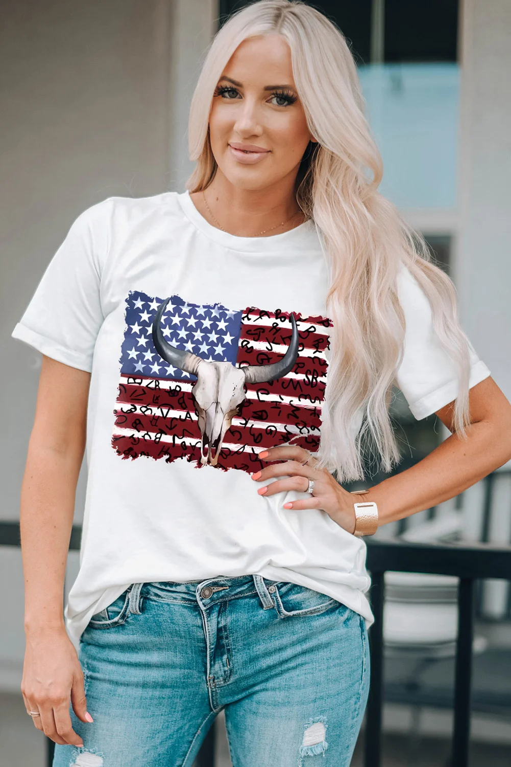 White Bull Skull American Flag Graphic Tee | IFYHOME