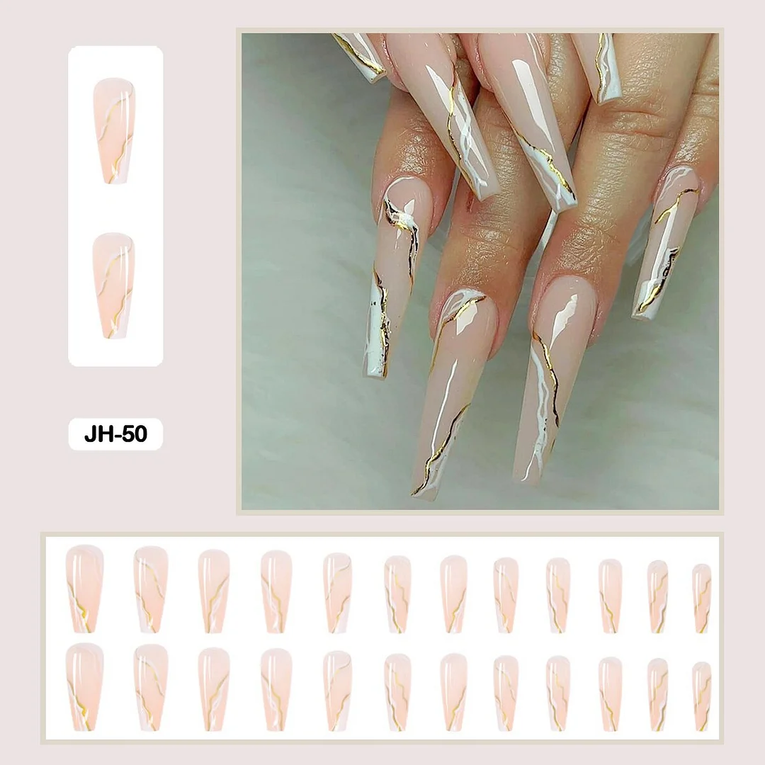 24pcs Gradient Amber Marble Texture Nails Art Long Trapezoid False Nails Wearable Fake Nails With Glue And Wearing Tools-Nail Inspo
