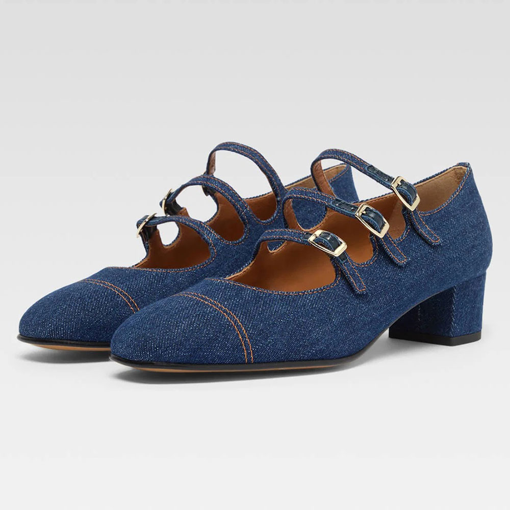 Blue Denim Square Toe Block Heel Mary Jane Pumps with Buckle Straps Nicepairs