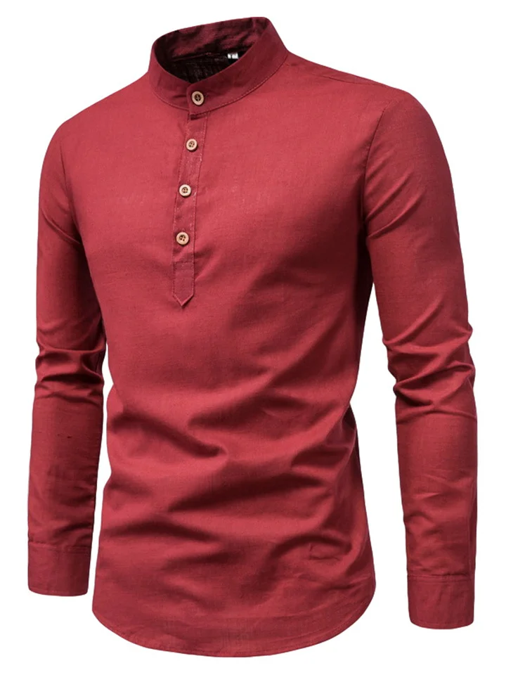 Men's Breathable Solid Color Stand-up Collar Shirt Fashion Slim Solid Color Long-sleeved Business Stand-up Collar Cotton Linen Half Open Shirt M,L,XL,XXL,XXXL,XXXL,XXXXXL-Cosfine