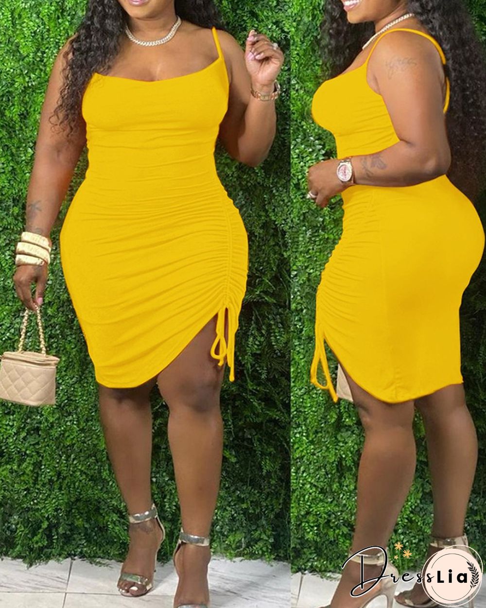 Plain Square Neck Drawstring Ruched Cami Bodycon Dress