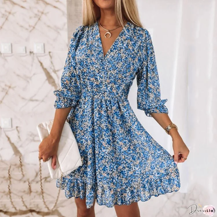 V-neck Floral Print Mini Dress