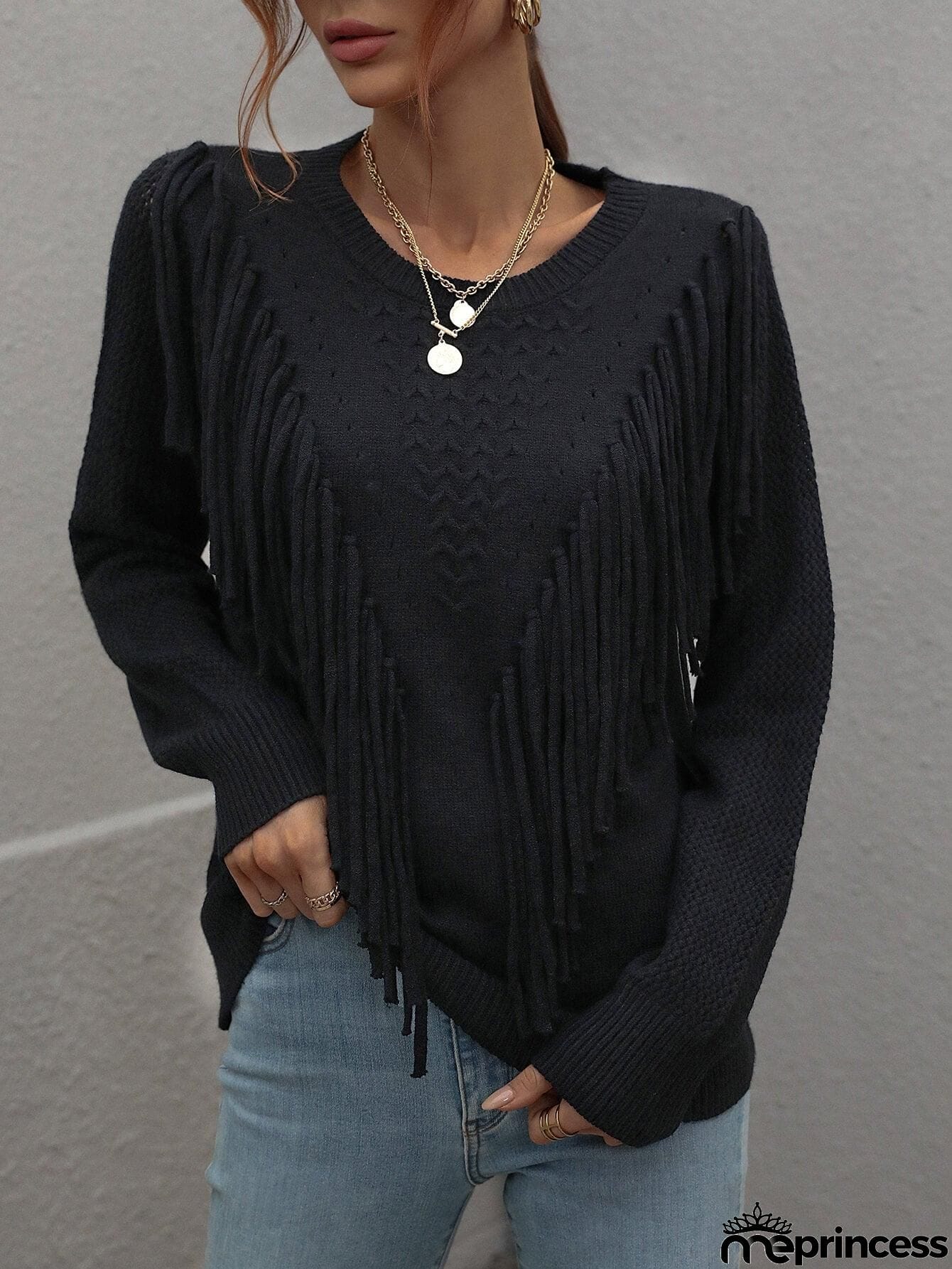 Fringe Detail Ribbed Trim Sweater