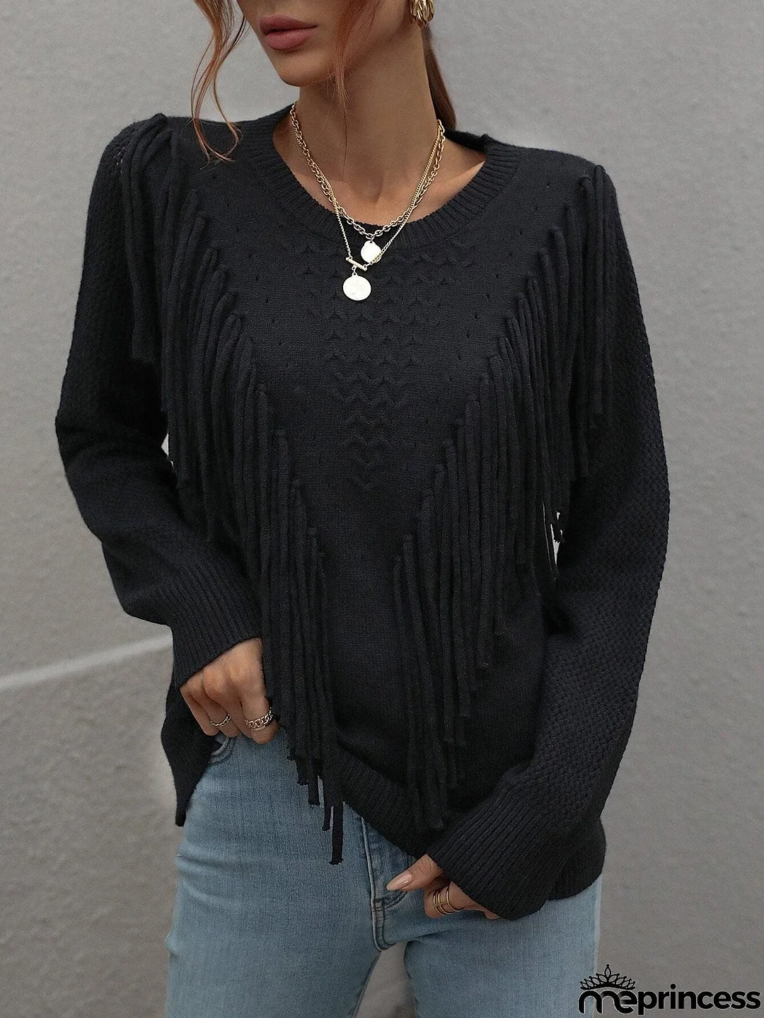 Fringe Detail Ribbed Trim Sweater