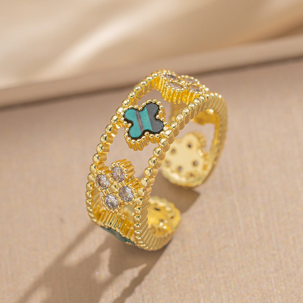 Ring Niche Four-Leaf Clover Zircon Ring Female Retro Open Adjustable Ring