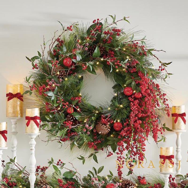 Bright Red Berry and Pinecone Cordless Lighted Christmas Wreaths & Garland