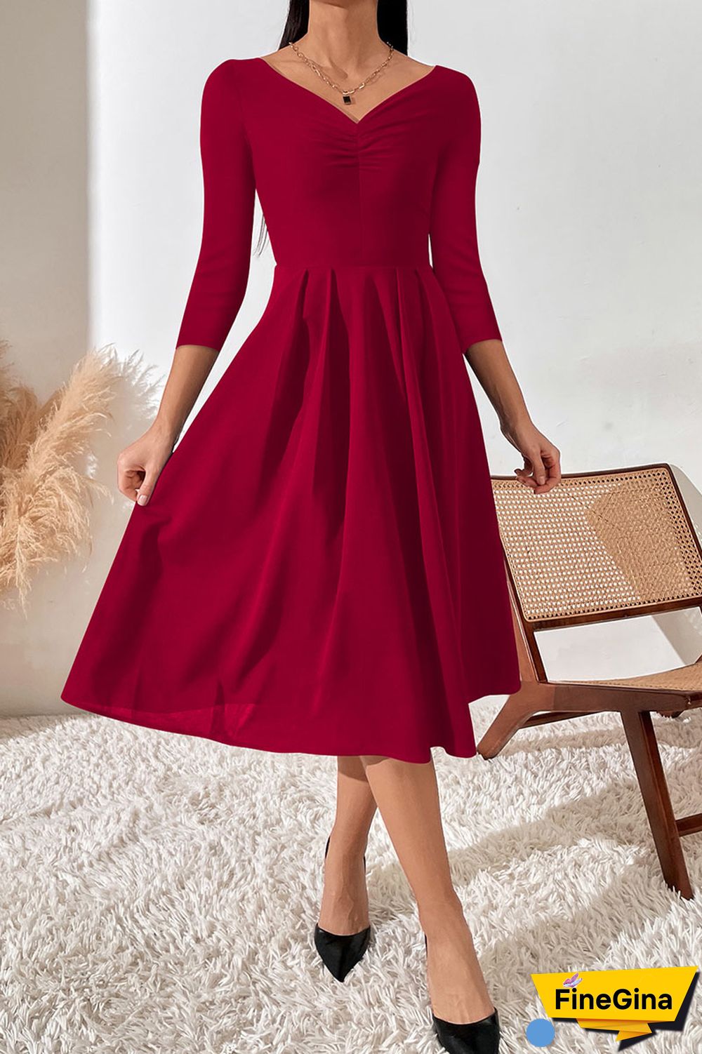 Black Casual Solid Patchwork V Neck A Line Dresses