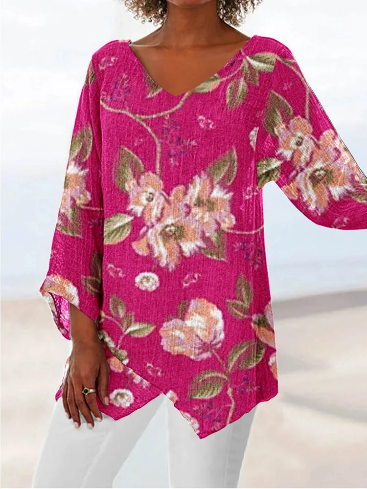 Womens Artistic  Floral Cotton And linen V Collar Three quarter sleeves Top