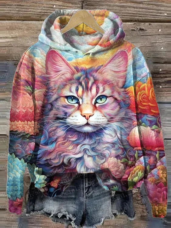 Women's Floral Cat Print Loose Hooded Sweatshirt socialshop