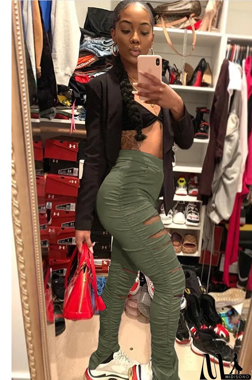 MidiSono - Black Polyester Drawstring Sleeveless Mid Patchwork Split Solid Hole Boot Cut Pants