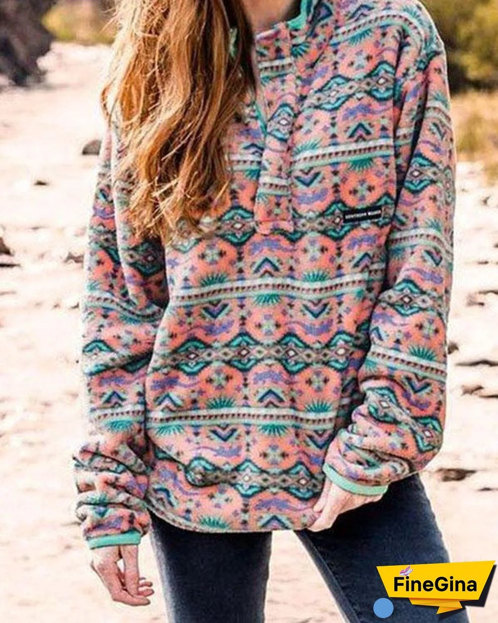 Boho Print Casual Stand Collar Cotton Sweatshirt