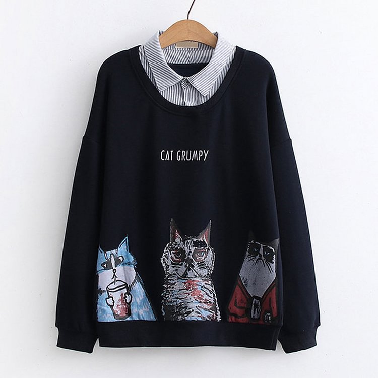 Graffiti Kitty Print Fake Two Piece Sweatshirt - Modakawa Modakawa