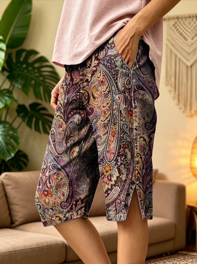 Women's Retro Bohemian Paisley Art Print Casual Washed Cotton Denim Shorts
