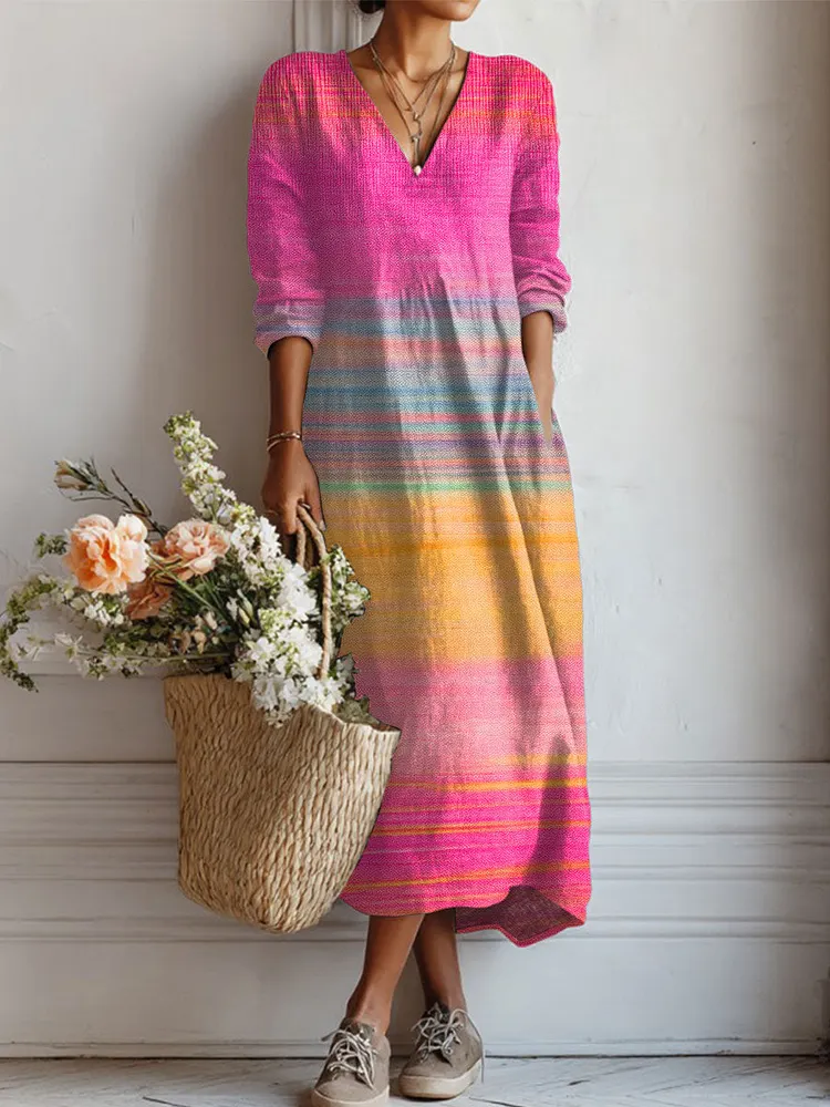 Women's Vintage Gradient  Art Print Linen Pocket Tunic Dress