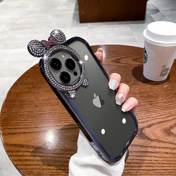 Luxury Glitter Diamond Bear Stand Holder Phone Case for iPhone 11 12 13 14 Pro Max 15 14 Plus Transparent Plating Silicone Cover