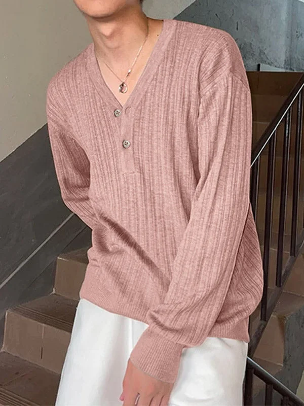 Aonga - Mens Pit Striped V-neck Long-sleeved T-shirtI