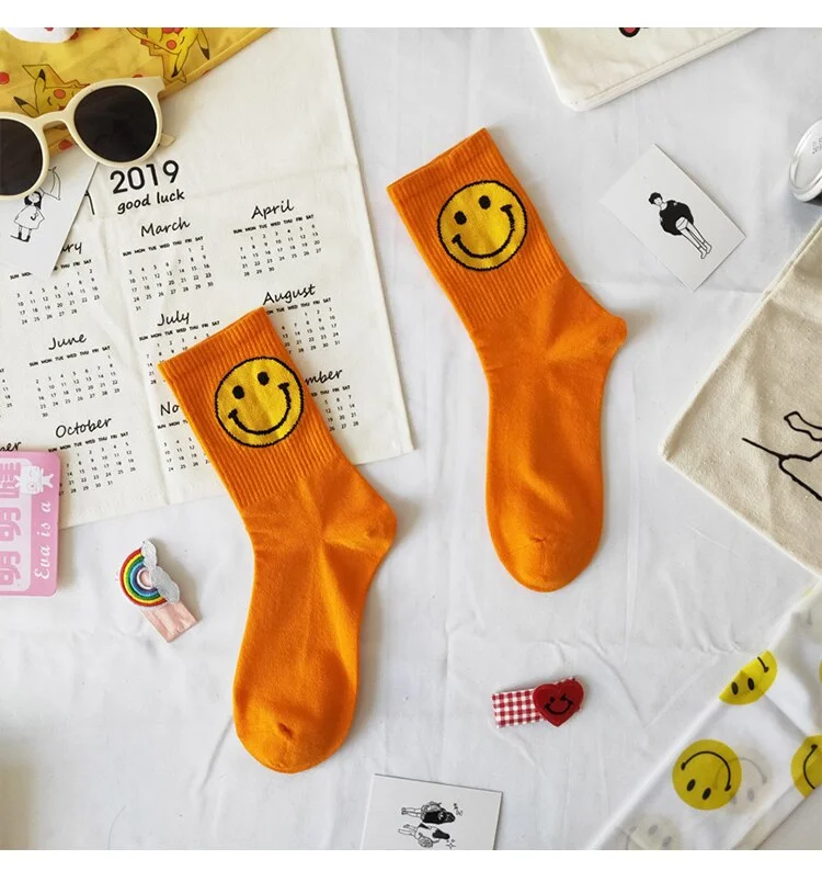 5pairs/set Women's Socks Big Smile Face Mid-calf Length Media Corta Crew Female Cotton Sock Couple Socks