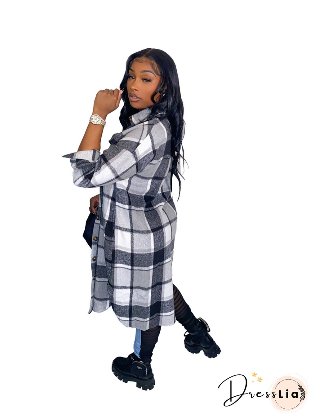 Classic Plaid Shirt Woolen Long Coat