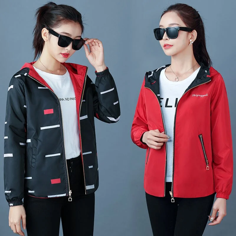 NEEDBO Women Hooded Jackets Two Side Wear Print Outwear Coat Female Windbreaker Tops Pocket Zipper Jackets Causal Windbreaker