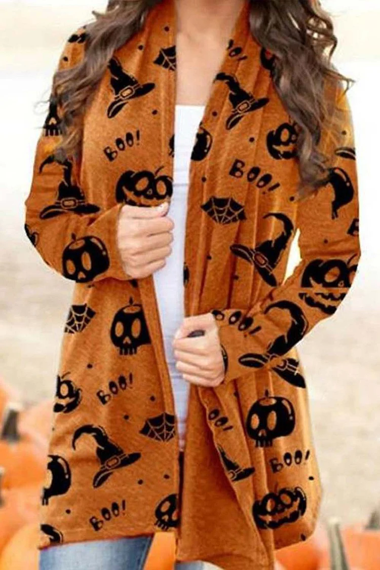 Plus Size Halloween Grey Pumpkin Skull Print Long Sleeve Cardigan