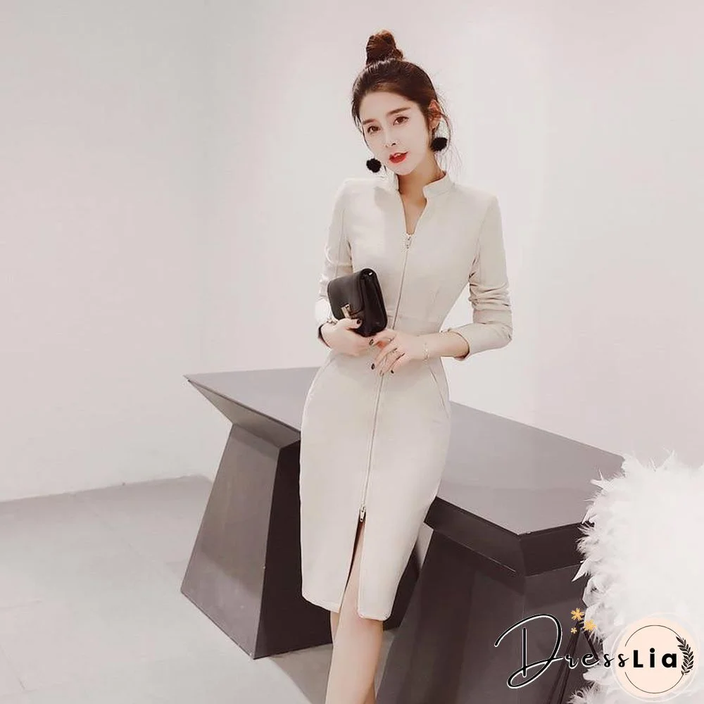 New Autumn Woman Clothes Elegant Dress Zipper Long Sleeve Solid Color Stand-up collar Dresses Fashion Fall Women Clothing
