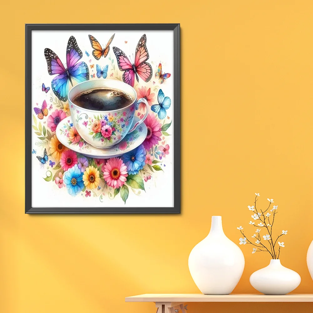 11CT Full Stamped Cross Stitch - Flower Butterfly Coffee(Canvas|40*50CM)