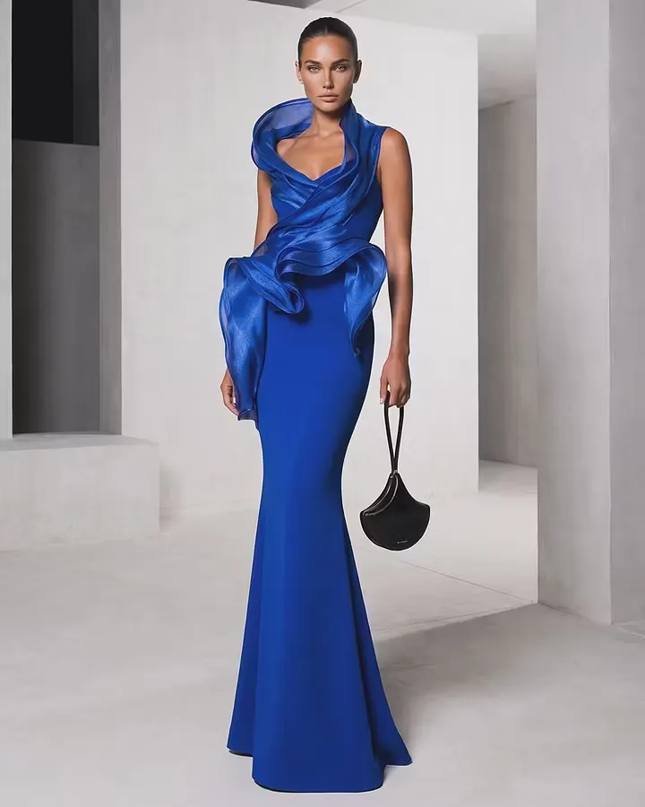 Glamorous Draped V-Neck Strapless Sleeveless High-Waisted Long Pleated Mermaid Prom Dress With Ruffles | SD0048 Wellcucu