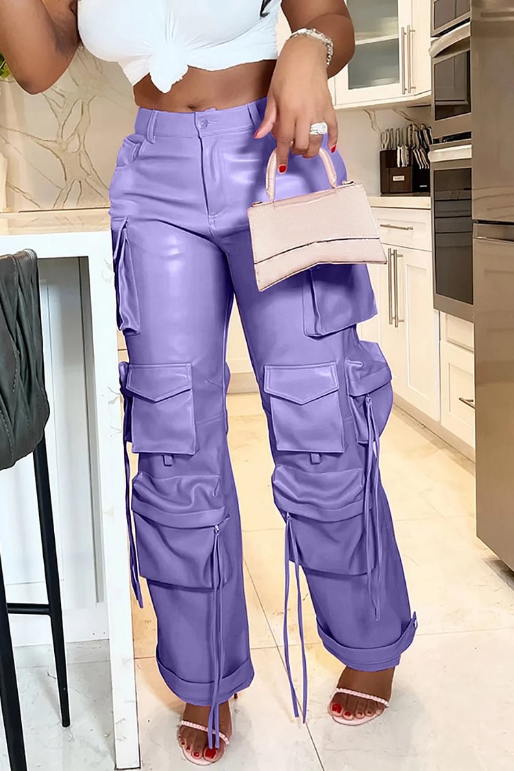 Xpluswear Plus Size Purple Daily PU Leather Pockets Design Cargo Pants
