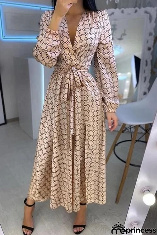 Print Puff Long Sleeve Belted Maxi Dress