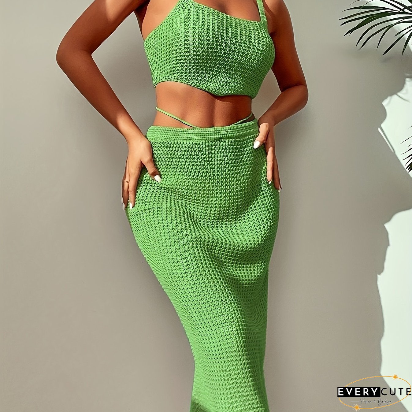 Waffle Print Solid Casual Two-piece Set Cropped Sleeveless Tank Top Drawstring Bodycon